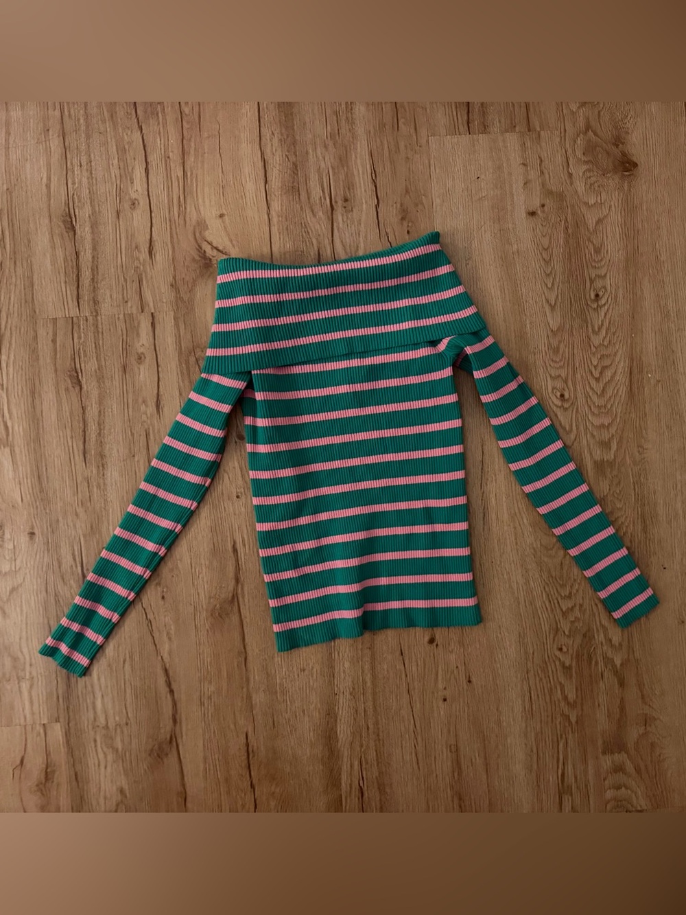 MANGO Off-the-Shoulder Ribbed Stripe Sweater - Teal & Pink